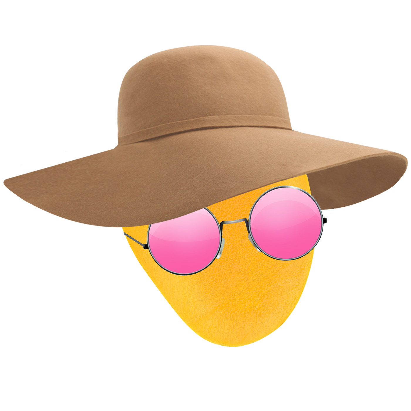 A mango wearing pink round sunglasses and a wide-brim hat